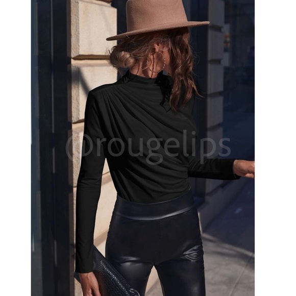 Ruched Asymmetric Black Long Sleeve Shirt Slim Fit Stretchy - Picture 6 of 7